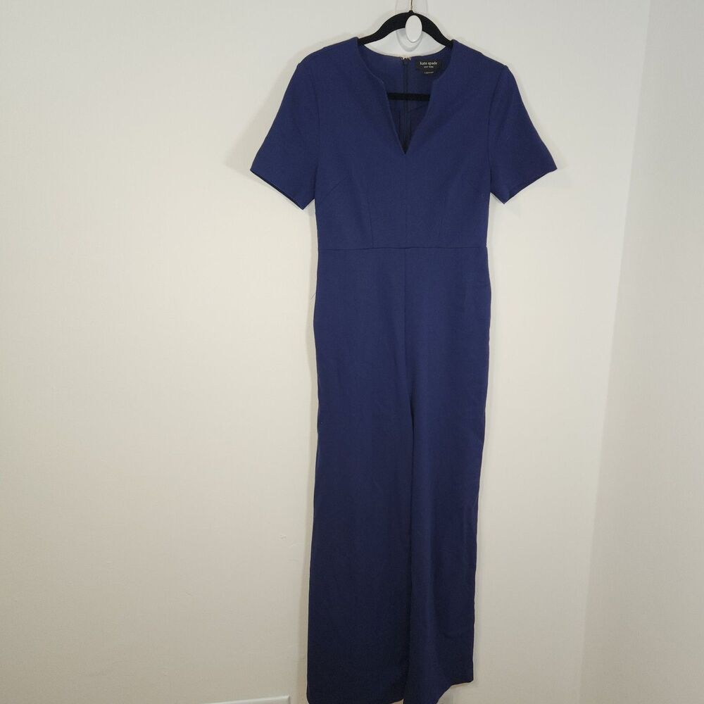 Kate Spade Ponte Split Neck Jumpsuit Wide Leg Blue SMALL Retail $298